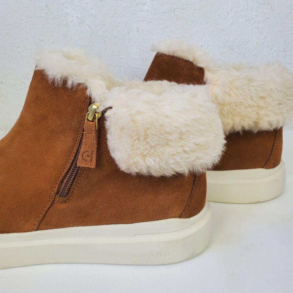 Cole Haan Grand Wateproof Brown Suede Ankle Boot Faux Fur Trim Side Zip 10.5 B - Picture 4 of 12